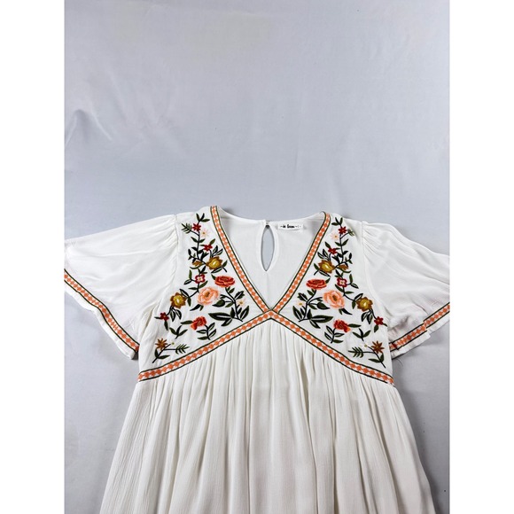 In Loom White Floral Embroidered Boho Cottagecore V-Neck Tiered Midi Dress Large - Picture 4 of 15